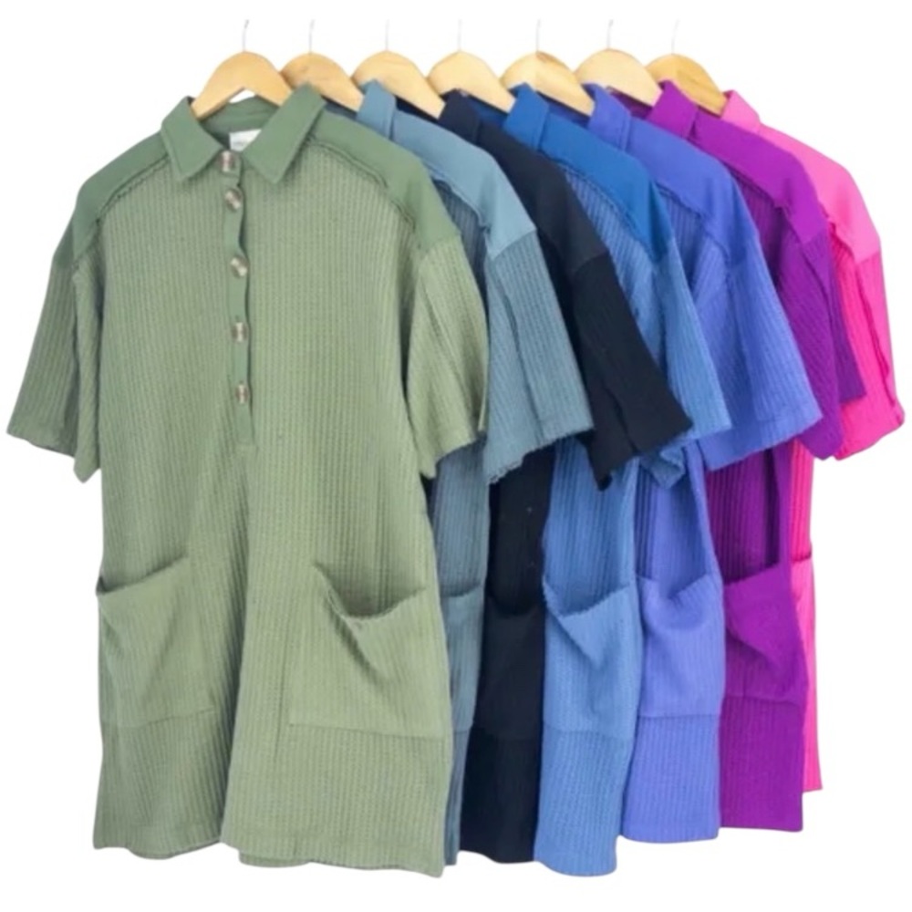 Zenana shift Waffle knit dress Half-Button & Pockets purple or green or blue